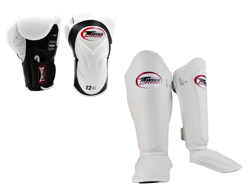 Twins Kickboks Set Bokshandschoen BGVL-6 Wit/Zwart & Scheenbeschermer SGL-7 Wit
