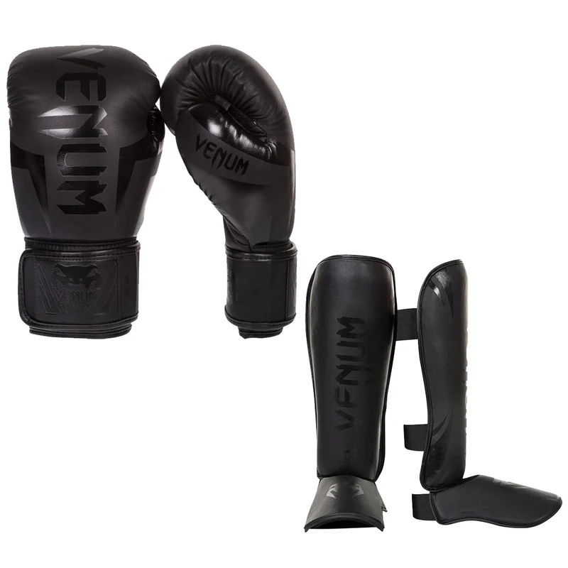 Venum Kickboks Set Bokshandschoen Elite Zwart/Zwart + Scheenbeschermer Challenger Zwart/Zwart