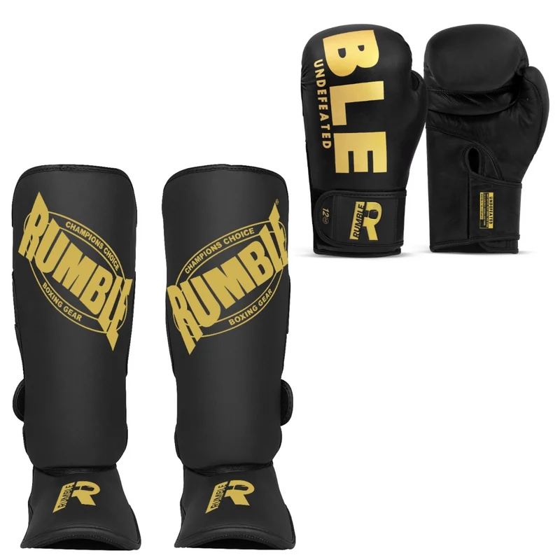 Rumble Kickboks set Bokshandschoen Undefeated PU & Rumble Scheenbeschermer Beginner Zwart/Goud