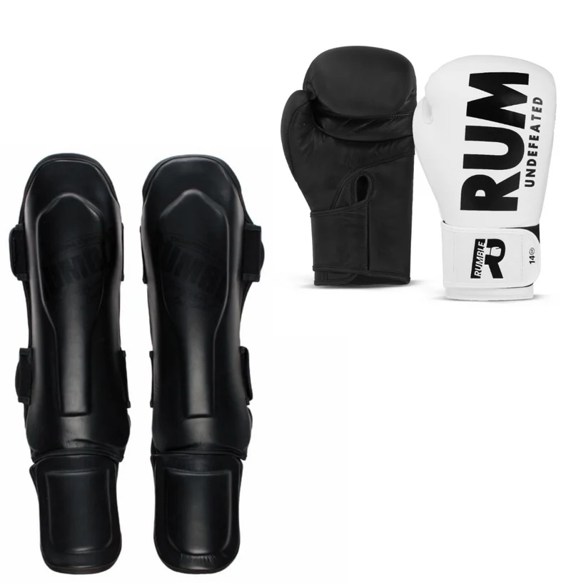 Rumble Kickboks set Bokshandschoen Undefeated & Rumble Scheenbeschermer Special 2.0 Black/Black