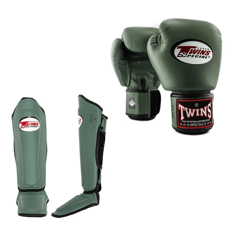 Twins Kickboks Set Bokshandschoen BGVL-3 Militairy & Scheenbeschermer SGL-7 Militairy