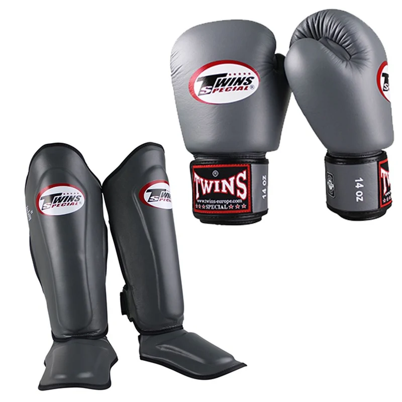 Twins Kickboks Set Bokshandschoen BGVL-3 Grijs & Scheenbeschermer SGL-7 Grijs