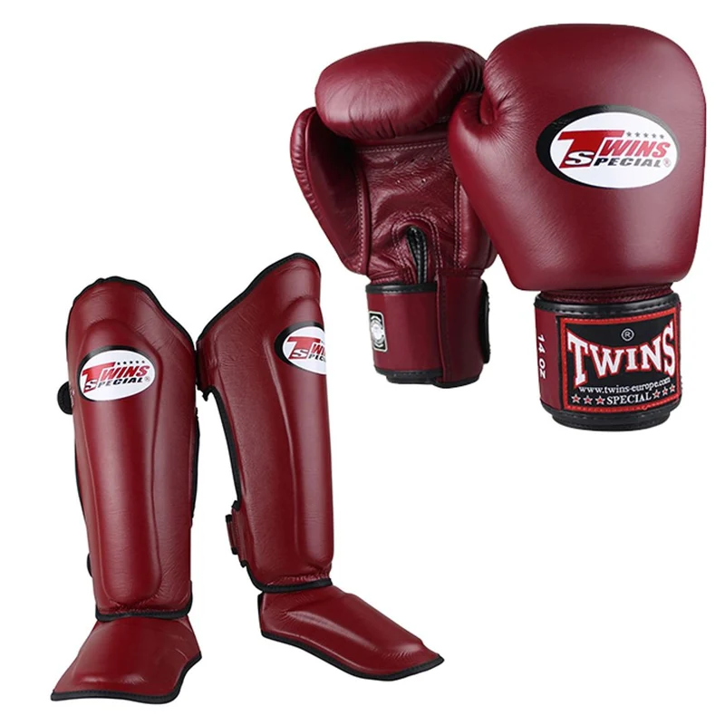 Twins Kickboks Set Bokshandschoen BGVL-3 Wine Red & Scheenbeschermer SGL-7 Wine Red
