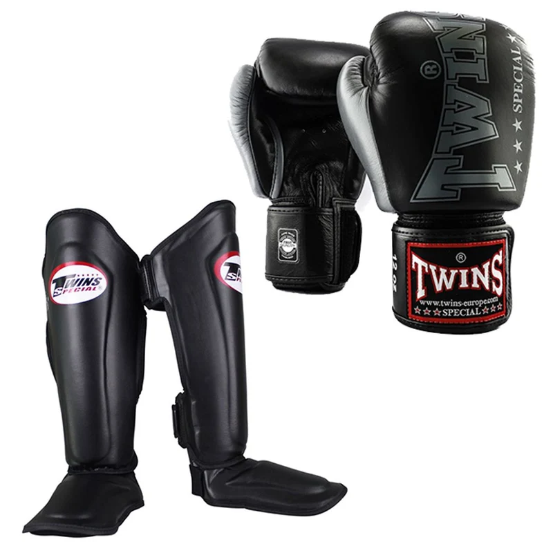 Twins Kickboks Set Bokshandschoen BGVL-8 Zwart & Scheenbeschermer SGL-7 Zwart