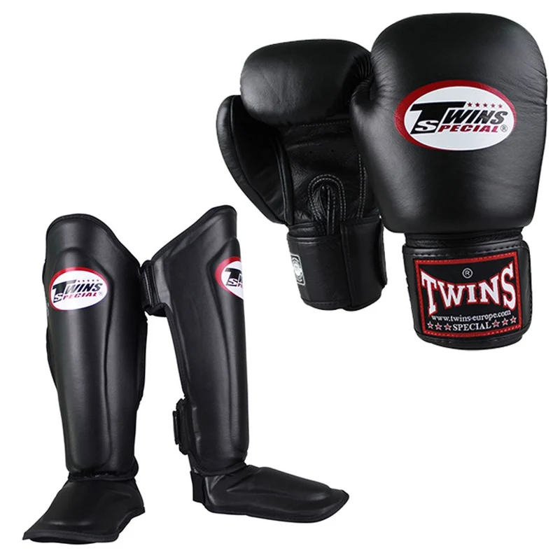 Twins Kickboks Set Bokshandschoen BGVL-3 Zwart & Scheenbeschermer SGL-7 Zwart