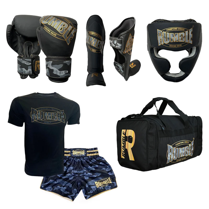 Rumble Kickboksset Camo Black/Gold + Hoofdbeschermer + Sporttas + Kledingset