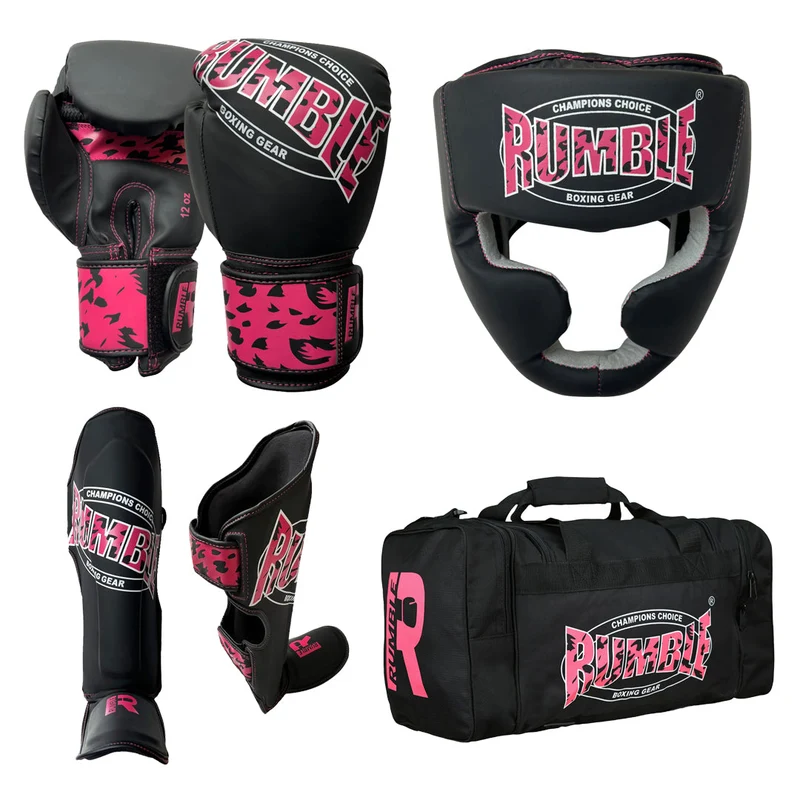 Rumble Kickboksset Kids Camo Black/Pink + Hoofdbeschermer + Sporttas