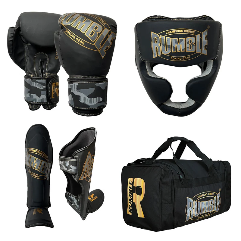 Rumble Kickboksset Kids Camo Black/Gold + Hoofdbeschermer + Sporttas