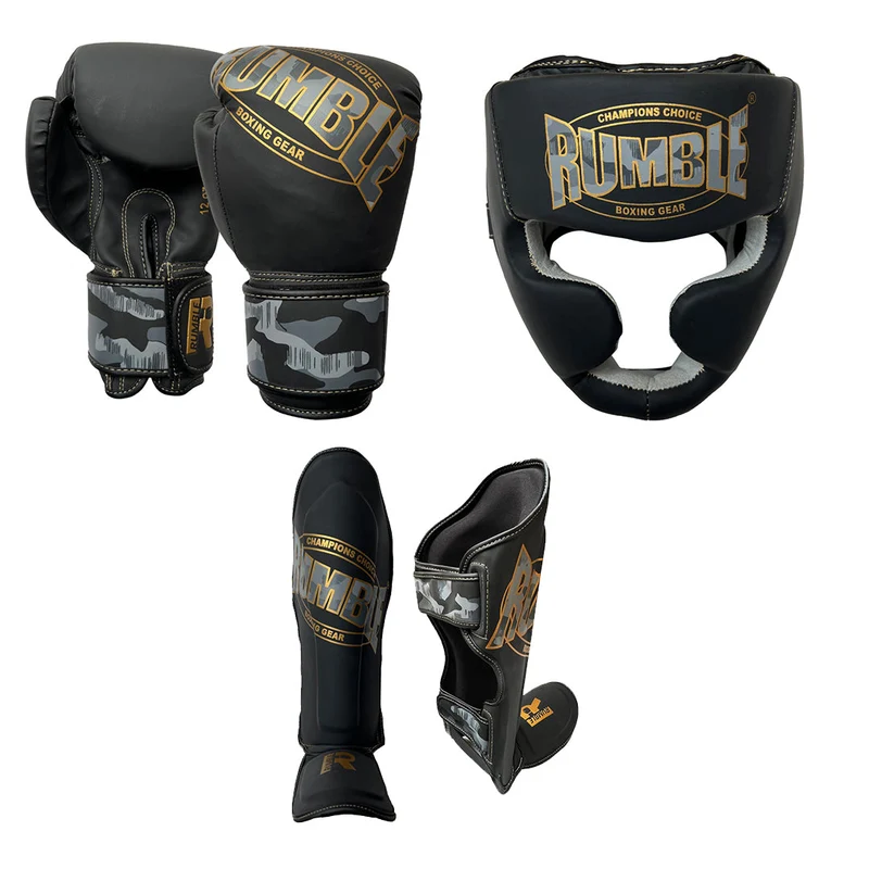 Rumble Kickboksset Kids Camo Black/Gold + Hoofdbeschermer