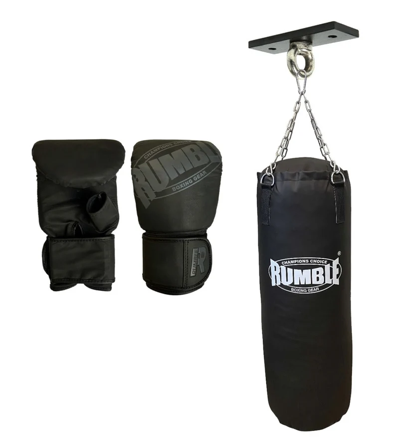 Bokszakset Rumble 100cm Plafondbeugel + Zakhandschoenen Rumble Ready Leer