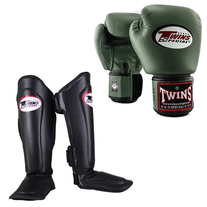 Twins Kickboks Set Bokshandschoen BGVL-3 Militairy & Scheenbeschermer SGL-7 Zwart