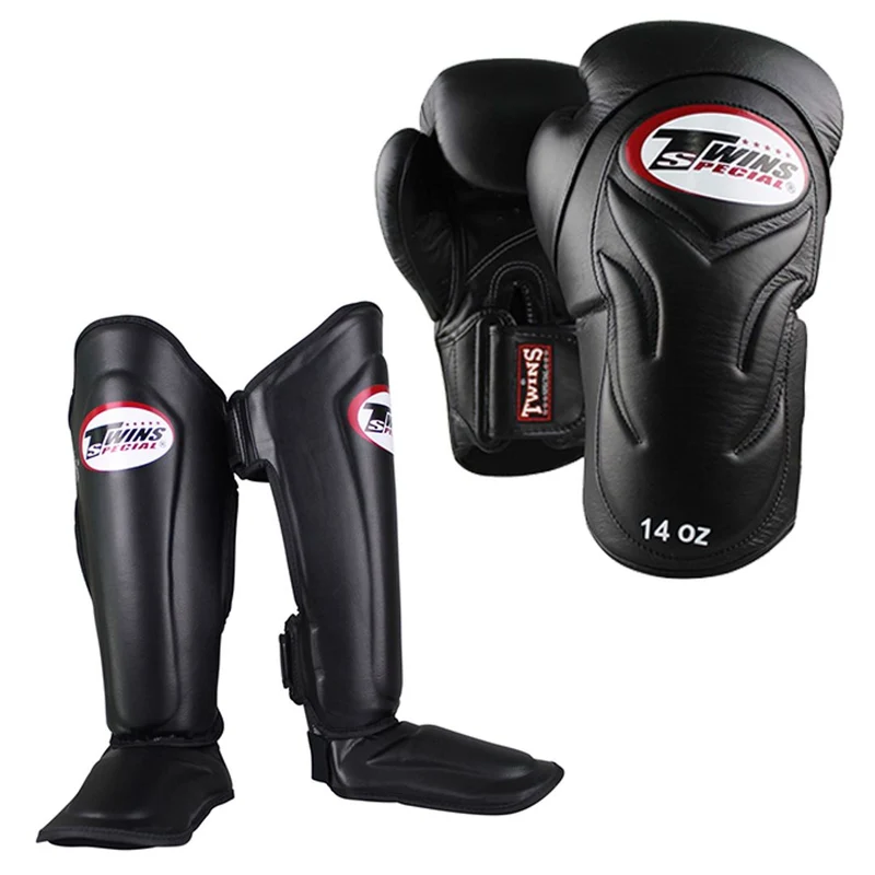 Twins Kickboks Set Bokshandschoen BGVL-6 Zwart & Scheenbeschermer SGL-7 Zwart