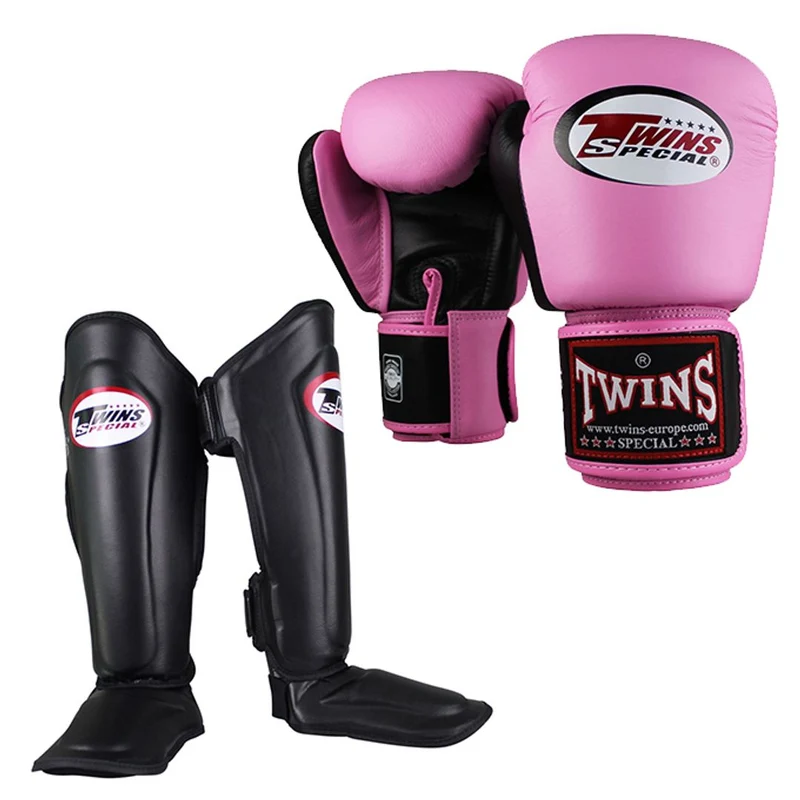 Twins Kickboks Set Bokshandschoen BGVL-3 Roze/Zwart & Scheenbeschermer SGL-7 Zwart