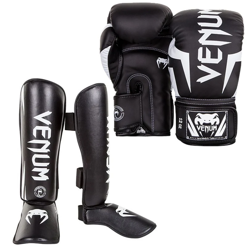 Venum Kickboks Set Bokshandschoen Elite Zwart/Wit + Scheenbeschermer Challenger Zwart/Wit
