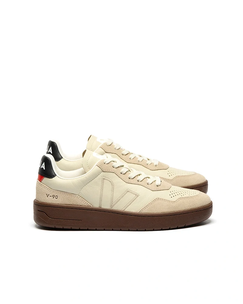Veja V-90 Leather Sneakers Beige Almond Black